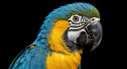 Obraz premium Detailed close up portrait of a vibrant blue and yellow macaw parrot against a stark black background highlighting its beautiful feathers and intelligent eyes