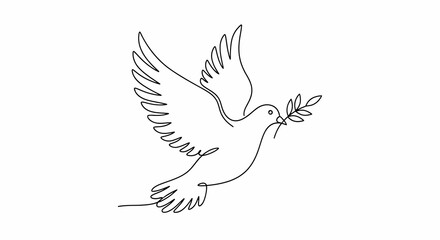 Single-Line Drawing of a Dove in Flight, Carrying an Olive Branch