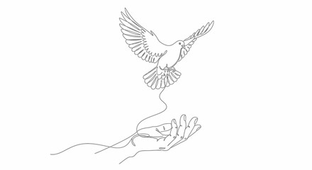 Obraz premium Single-Line Drawing of a Dove Taking Flight from an Outstretched Hand