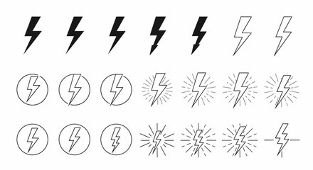 Lightning Bolt Icon Set: Black and Outline Style Variations on White Background