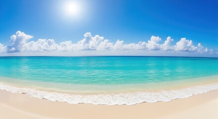 Fototapeta premium Beautiful tropical beach with crystal clear turquoise water under a bright sunny sky with fluffy white clouds