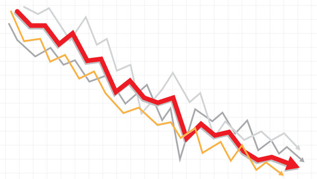 Red down market path arrow with support line indicators in chart template