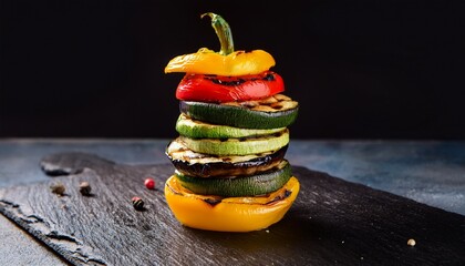 A stack of grilled vegetables, including colorful zucchini, peppers, and eggplant slices, arranged on a dark surface, showcasing a vibrant and healthy vegan meal. AI