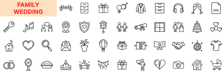 Family and Wedding Line Icon Design Featuring Rings, Gifts, Couples, Churches, Cakes, Balloons, Love Hearts, Cameras, Invitations, Music Notes, Dresses, and Celebration Symbols