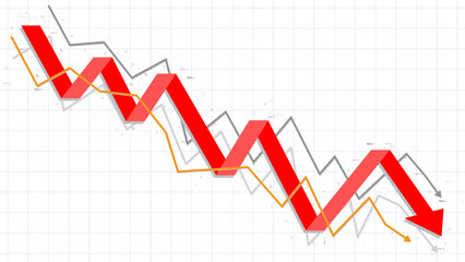 Red down fall profit business chart with grey, yellow support lines template for business, money save, bankrupt, loan, savings 
