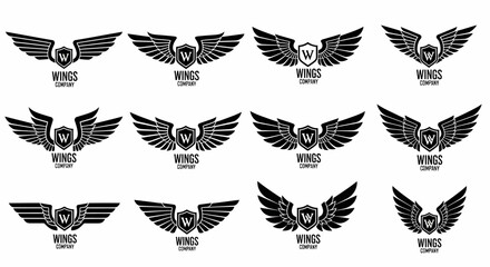 Set of Black and White Wing Logos with Shield Design