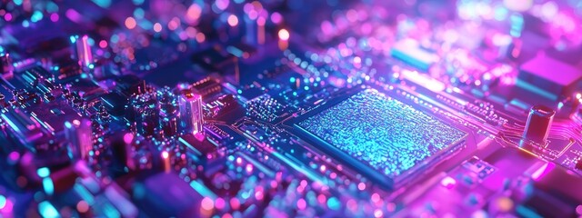 Obraz premium Close-up view of a vibrant, stylized circuit board, illuminated with a mix of electric purple and turquoise hues. Complex, intricate pathways 
