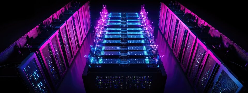 High-tech server farm, illuminated with vibrant purple and blue light. Rows of server racks, showcasing intricate circuit boards