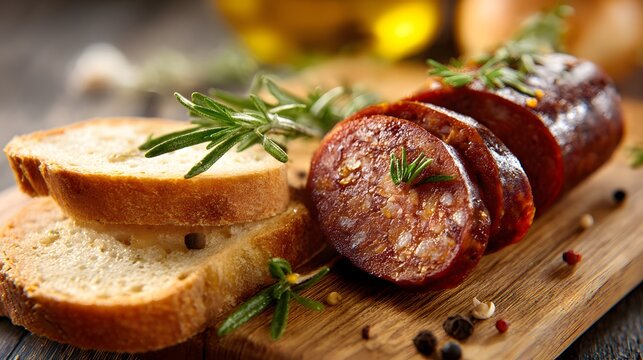 Delicious sliced sausage with rosemary and bread on a wooden board, perfect for a meal.