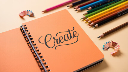 Orange notebook with colorful pencils and shavings create word