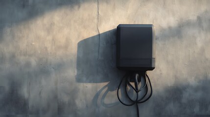 A sleek black lithium battery unit on minimalist concrete wall, soft morning light