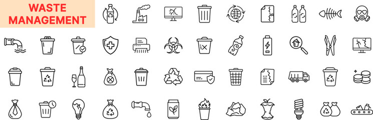 Waste Management Line Icon Design Featuring Trash Bins, Recycling Symbols, Hazard Signs, Garbage Bags, Plastic Bottles, Toxic Waste, Pollution, Compost, Biohazard, and Water Contamination