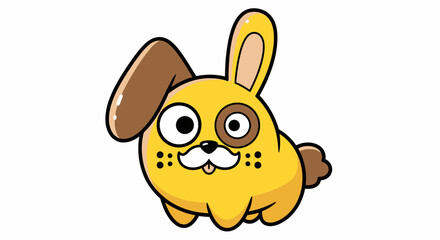 Cartoon Yellow Dog-Rabbit Hybrid with Brown Ear and Tail on White Background