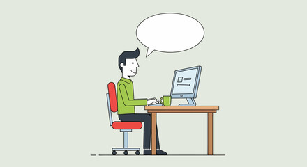 Smiling Man Working at Computer with Thought Bubble, Side View