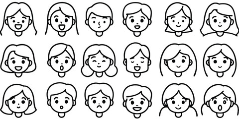 A Minimalist Line Art Icon Set of 20 Girls' Faces Diverse Expressions and Styles