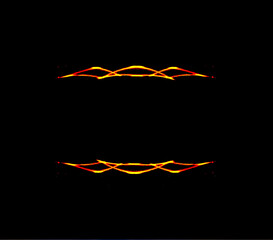 Abstract fractal design. symmetric fantasy swung line arch emblem with three crossingsin red, yellow on black background, copy space futuristic luxury drawing