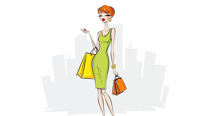 Stylish Woman with Shopping Bags in Green Dress Illustration