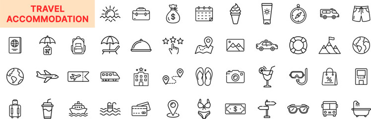 Travel and Accommodation Line Icon Design Featuring Hotels, Airplanes, Cruise Ships, Beach Umbrellas, Maps, Suitcases, Cameras, Passports, Sunglasses, Ice Cream, Flip-Flops, and Tickets