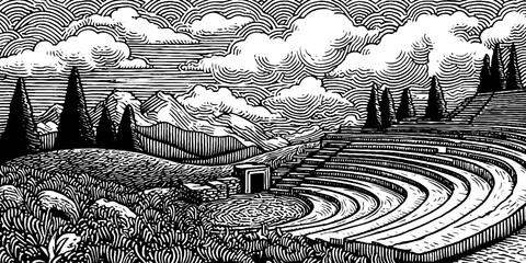 Ancient amphitheatre in open field with mountains and clouds in black and white design
