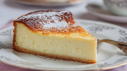 A beautiful slice of cheesecake sits on a decorative plate, ready to be enjoyed.