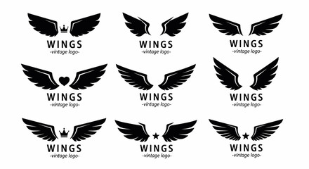 Collection of Nine Black Wing Logos with Vintage Style and Variations