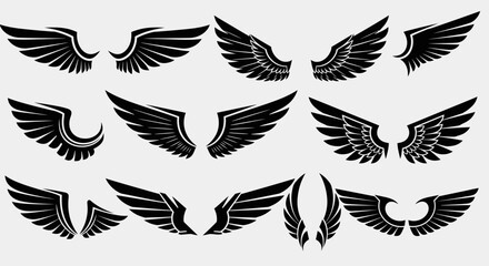 Collection of Twelve Stylized Black Wings: Vector Graphic Designs
