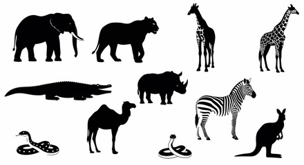 Collection of Ten Black Silhouettes of African and Australian Animals