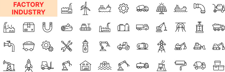 Factory and Industrial Line Icon Design Featuring Power Plants, Gears, Robots, Cranes, Oil Rigs, Pipelines, Construction Tools, Vehicles, Assembly Lines, and Engineering Equipment
