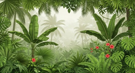 Lush jungle landscape with vibrant tropical foliage and a misty atmosphere