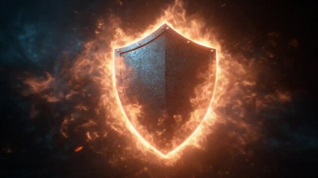 Shield engulfed in flames, symbolizing protection and resilience amidst chaos