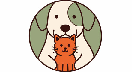 Cartoon Dog and Cat Illustration in Circle, Cute Pet Graphic Design