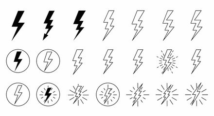 Collection of Black and White Lightning Bolt Icons in Various Styles