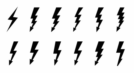 Collection of Black Lightning Bolt Symbols on White Background, Vector Graphic