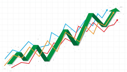 Green up rising arrow path with blue, red, yellow support indicator arrows path with grey cyber elements template