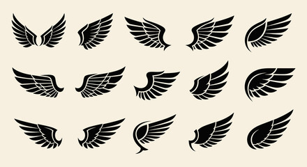 Collection of Fifteen Stylized Black Wings: Vector Graphic Set