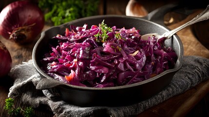 Delicious braised red cabbage served in a rustic cast iron skillet.