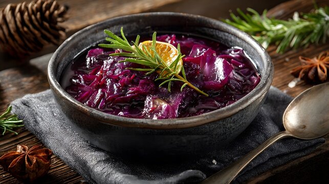 A hearty and flavorful bowl of red cabbage stew is served on a wooden table.