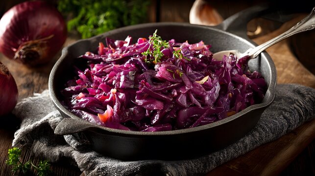 Delicious braised red cabbage served in a rustic cast iron skillet.