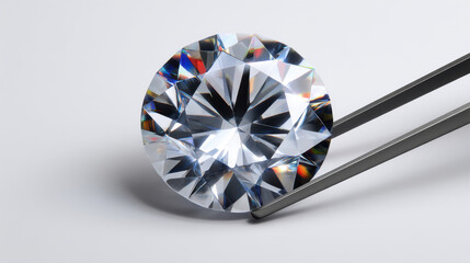 A brilliant round cut diamond, sparkling with refracted light, is delicately held by precision tweezers against a clean, bright white background in studio shot.