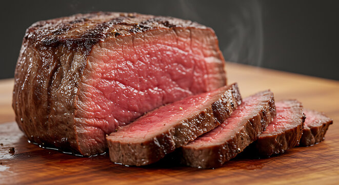 Close-up of a rare filet mignon sliced to reveal a deep red center and soft pink edge, glistening with natural meat juices
