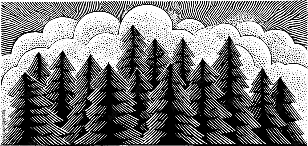 Poster geometric pine trees in fractal sequence with cloud silhouette for nature design