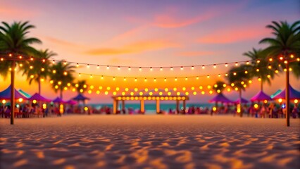 Tropical beach festival at sunset with string lights and palm trees