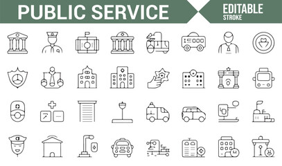 Line art symbols for public service, including police, fire, and medical services.