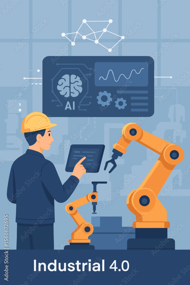 Poster industry 4.0 concept with engineer controlling robotic arms using a tablet. smart factory automation