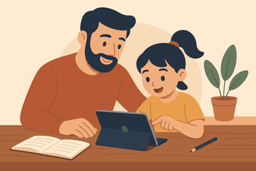 Father helping daughter with homework on digital tablet. Homeschooling and e-learning concept. Dad teaching child. Parenting and modern family support vector cartoon illustration.