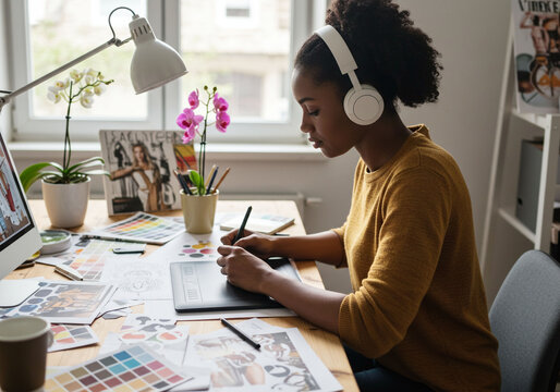 Focused Young Woman Graphic Designer Working at Home Office Desk