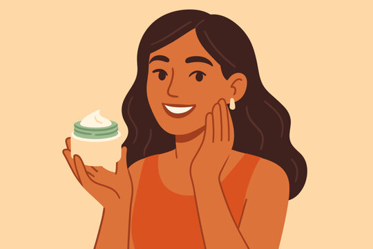 Smiling woman applying moisturizing face cream from a jar. Daily skincare routine concept. Beauty treatment and cosmetic product advertising. Modern flat vector cartoon illustration.