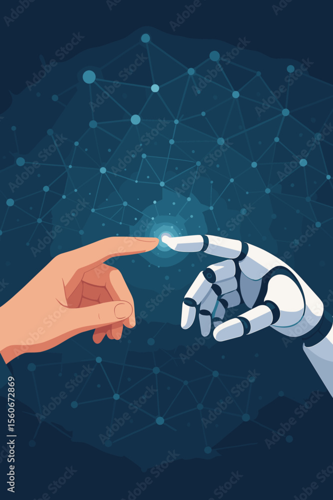 Poster ai concept with human and robot hands touching over a digital network. futuristic technology, machin