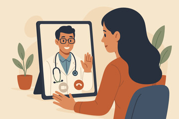 Telemedicine concept of a woman having an online video call with a doctor. Patient getting virtual medical consultation from a physician on a tablet. Digital healthcare concept.
