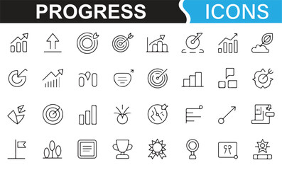 A collection of progress-related icons, showcasing growth, targets, success, and improvements represented through graphs, arrows, and badges.